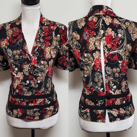 Y2K Vintage K Studio Gold Red Floral V-neck Split Back Button Up Blouse 10 - Picture 1 of 12